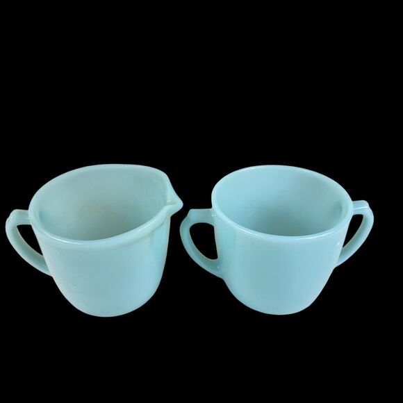 Vintage Delphite Fire King Creamer & Sugar Set Turquoise Blue Milk Glass NICE - Picture 2 of 9